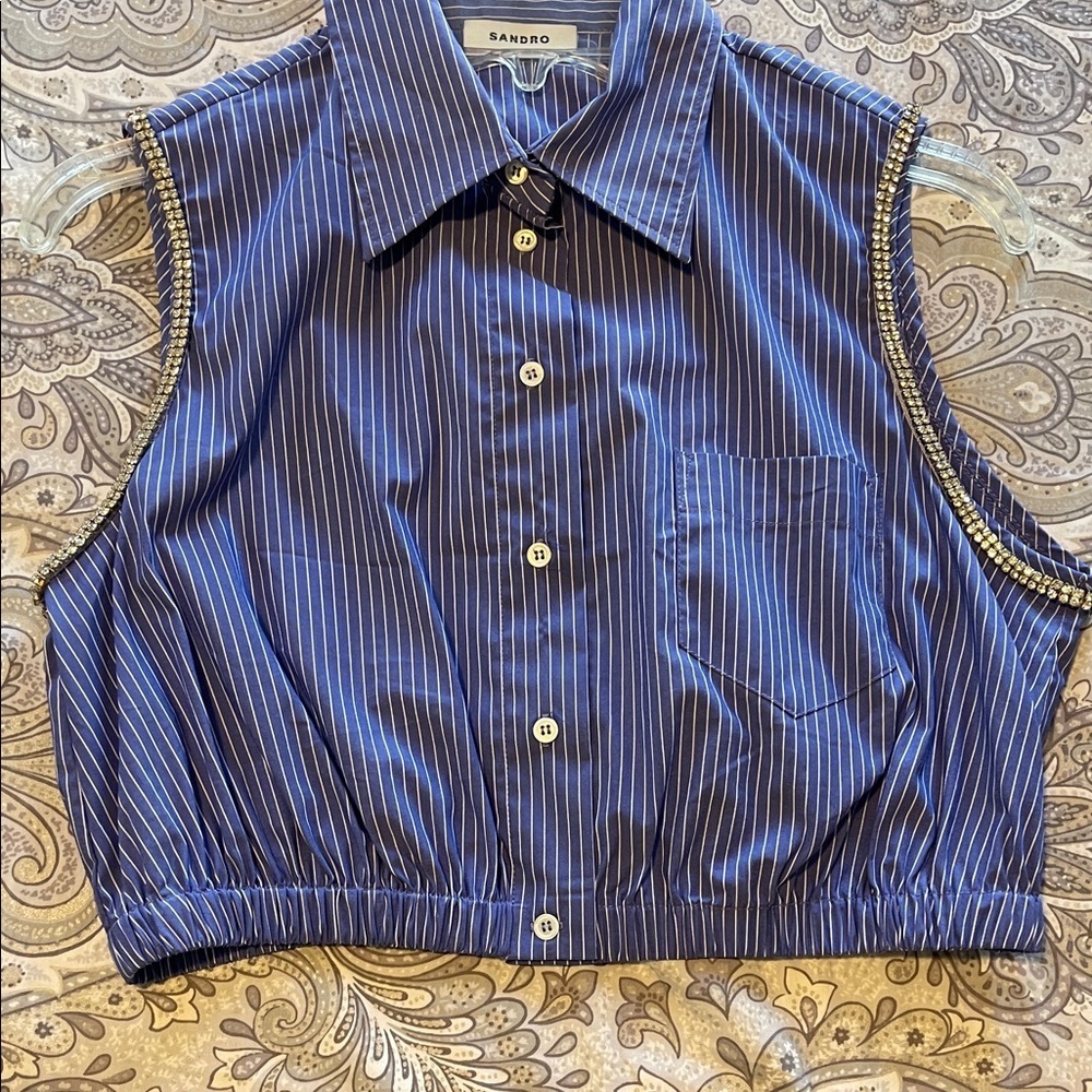 Sandro Navy Striped Button-Down Sleeveless Shirt - Picture 4 of 10